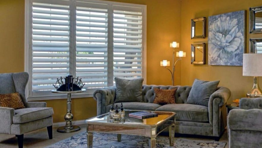 Plantation shutters in a family room